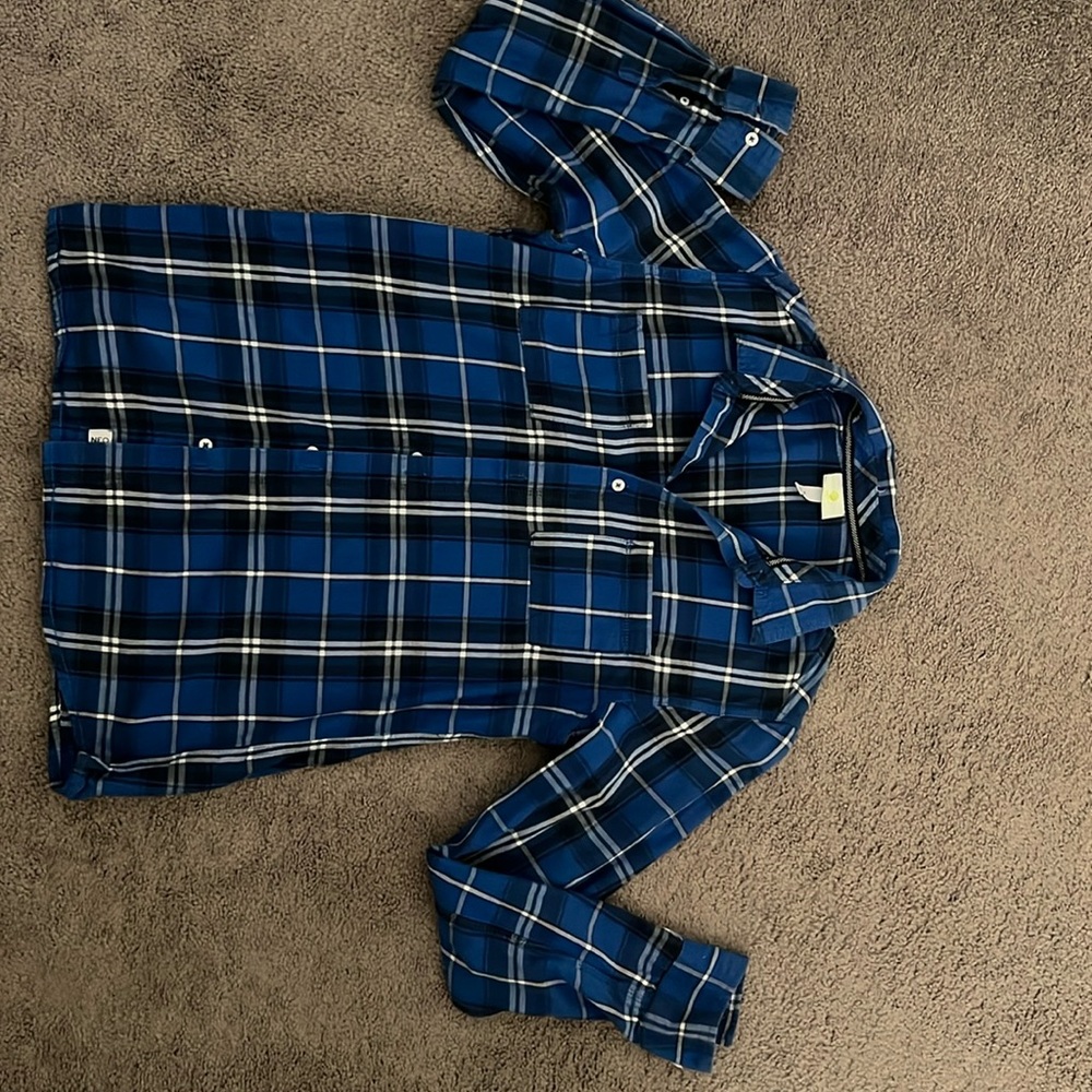 Adidas NEO size medium blue white plaid button up shirt